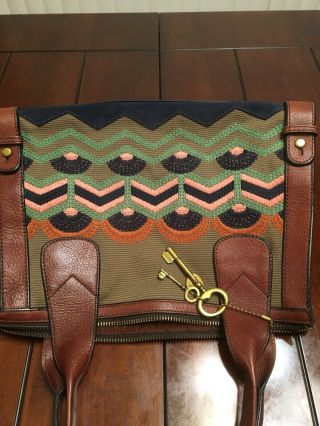 Fossil Vri Vintage Reissue Embroidered Handbag Satchel Tote Bag