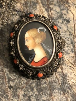 Vintage 800 Silver Coral Hand Painted Victorian Portrait Pendant Brooch