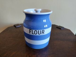 Vintage T.  G.  Green Cornishware Jar " Flour " Black Shield Made In England 1930 - 50s