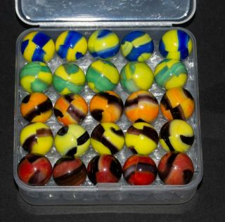 Vintage Marbles Clear Box With Set Of Marble King Rainbows Girl Scout Tiger Wasp