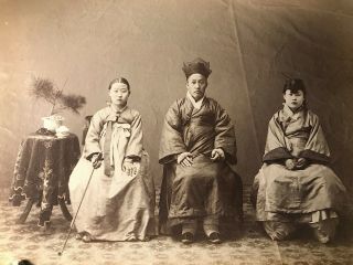 c1870s KOREA Rare Large Albumen Photo KOREAN Gentleman & His 2 WIVES in STUDIO 2