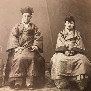 c1870s KOREA Rare Large Albumen Photo KOREAN Gentleman & His 2 WIVES in STUDIO 5