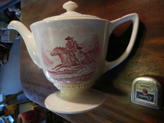 Vintage Homer Laughlin Red Historical America Cowboy Western Horse Footed Teapot