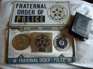Vintage Fraternal Order Of Police Plate,  Frame,  Badges And Wallet