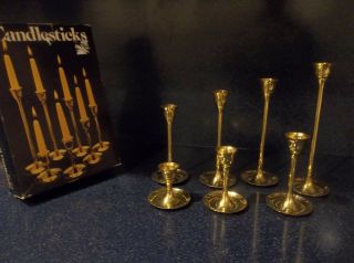 Vintage Set Of 7 Solid Brass Candlestick Holders By Leonard Silver 3 " - 9 "