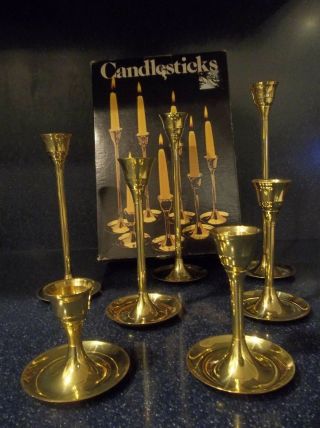 VINTAGE SET OF 7 SOLID BRASS CANDLESTICK HOLDERS by LEONARD SILVER 3 