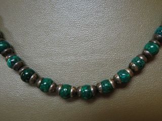 VINTAGE MEXICO MALACHITE 925 STERLING SILVER BEADED NECKLACE 18 