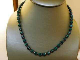 VINTAGE MEXICO MALACHITE 925 STERLING SILVER BEADED NECKLACE 18 