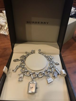 Burberry Sterling Silver Watch & Charm Bracelet Rare Htf London Charms W/box