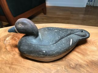 Antique Wood Carved Duck Decoy With Yelloe - Eye And Unique Wing Detail