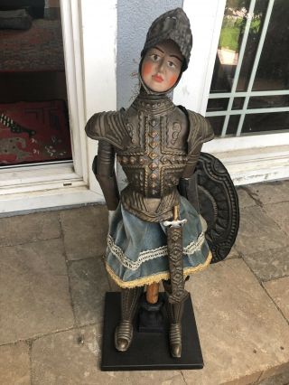 Antique/vintage Sicilian Wooden Puppet 25” Mannequin Doll Suit Of Armor On Stand