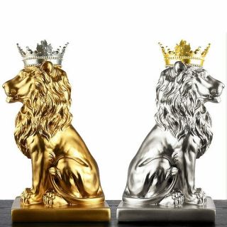 Modern Creative Wearing A Crown Gold Lion Vintage Statue Home Decor Crafts Room