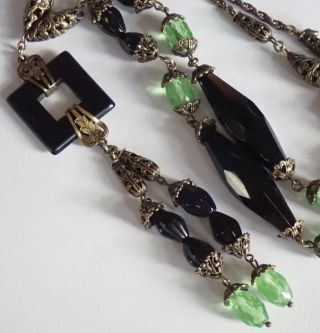 Antique Art Deco Brass Filigree Black Green Czech Glass Bead Sautoir Necklace