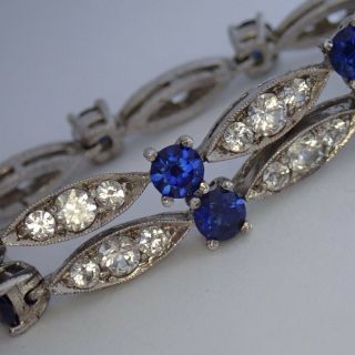 Vintage Art Deco Sterling Silver Sapphire Crystal Paste Rhinestone Bracelet