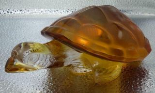 Vintage Lalique France Caroline The Turtle Amber Clear And Frosted Glass 1970s