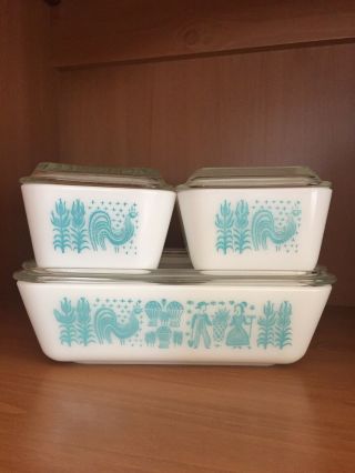 Vintage Pyrex Amish Butterprint Refrigerator Dishes 8 Pc Set Turquoise White