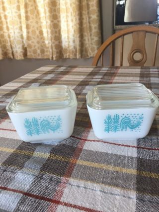 Vintage Pyrex Amish Butterprint Refrigerator Dishes 8 Pc Set Turquoise White 3