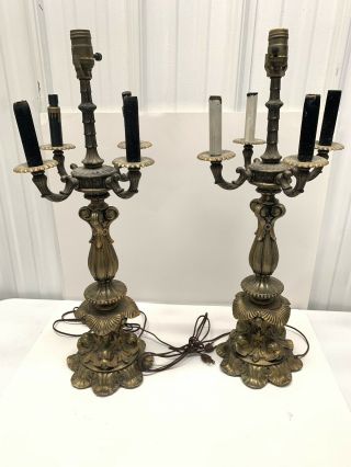 Vtg Cast Brass 4 Arm Candelabra Candle Holder Pair Table Lamps