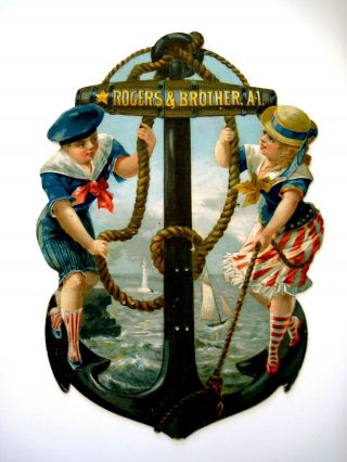 Large Vintage Die Cut Of An Anchor W/ Boy & Girl On Each Side Holding Rope