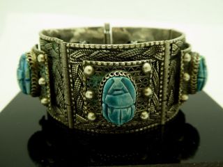 Vintage Egyptian Revival 800 Silver Blue Faience Scarab 5 Panel Bracelet Size 7 "