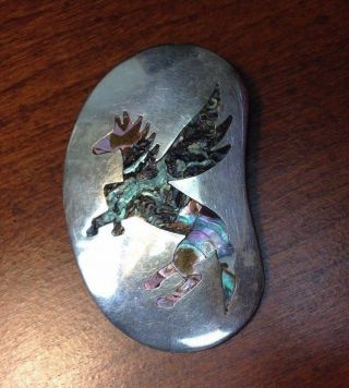 An Awesome Sterling Silver Taxco Pegasus Unicorn Rainbow Abalone Pendant Pin 3