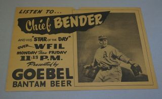 Rare 1940s Chief Bender Phila Athletics Bantam Beer Baseball Cardboard Adv.  Sign