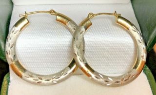 Vintage 14k White & Yellow Gold Hoop Earrings Made In Italy 585 Designer Signed