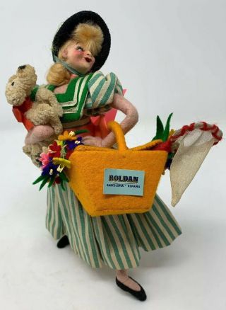 Vintage Klumpe Roldan Doll Lady W/ Dog Picnic Basket Hat Flowers Etc Orig Tag