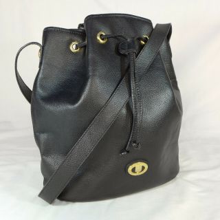 Authentic 1970s Vintage Burberry Black Leather Medium Drawstring Shoulder Bag