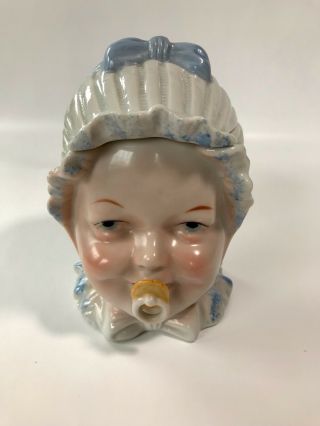 Vintage Tobacco Lidded Porcelain Jar Smiling Baby Boy Head Pacifier Stamped Euc