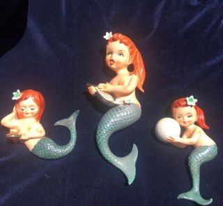 Lefton Mermaids Set Of 3 Wall Plaques Bathroom Art Vintage Mid Century