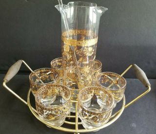 Culver Martini Pitcher Caddy Vintage Set Of 6 Glasses Floral Gold Mid Century