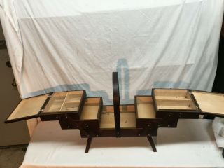 Vtg Large Dovetail Accordion 3 Tier Fold Out Wood Sewing Box Quilting Knitting