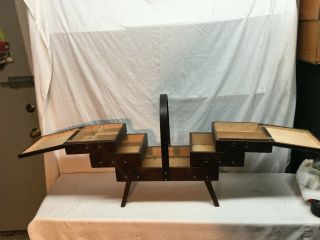 Vtg Large Dovetail accordion 3 Tier Fold Out Wood Sewing Box Quilting Knitting 2