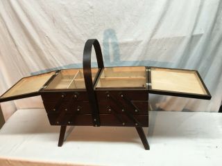 Vtg Large Dovetail accordion 3 Tier Fold Out Wood Sewing Box Quilting Knitting 3