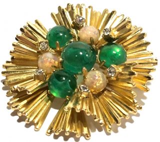 Grosse Germany 1970 Gold Tone Faux Emerald & Opal Crystal Sculpture Brooch Pin