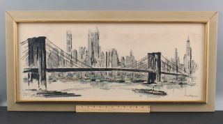 Vintage John Haymson Lithograph,  York City Skyline Brooklyn Bridge