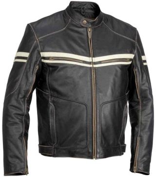Mens Black Motorcycle Cow Hide Vintage Leather Jacket With White Stripes