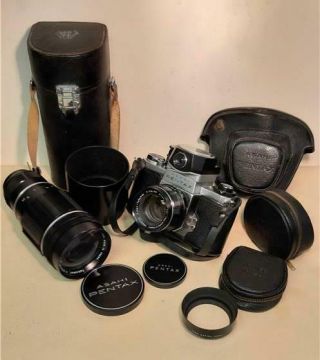 Vintage Asahi Pentax Sv Outfit Takumar 55mm & 200mm Lenses Plus