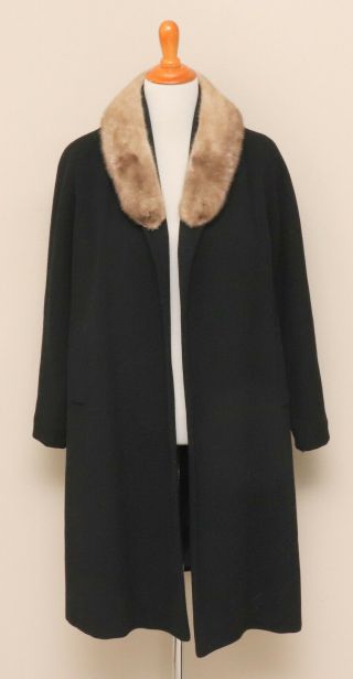 Vintage 1950s Womens Medium Black Cashmmere Coat With Mink Collar