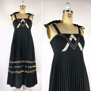 Vtg 70s Black Calico Floral Trim Accordion Pleat Midi Dress Prairie Peasant Xs/s