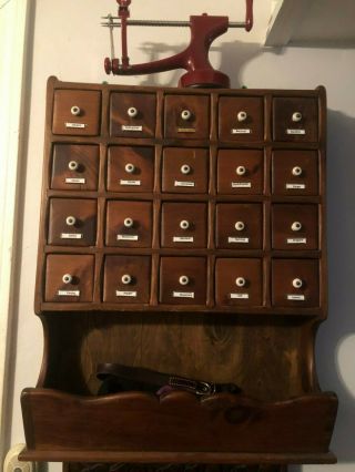 Vintage Antique Wooden Apothecary Spice Rack With Glass Bottles 2