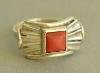 Art Deco Vintage Bow Shaped 835 Silver Natural Red Coral Ring Stunning M 1/2