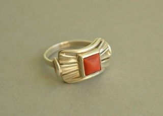 Art Deco Vintage Bow Shaped 835 SILVER Natural Red CORAL Ring STUNNING M 1/2 2