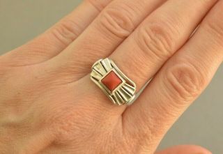Art Deco Vintage Bow Shaped 835 SILVER Natural Red CORAL Ring STUNNING M 1/2 7