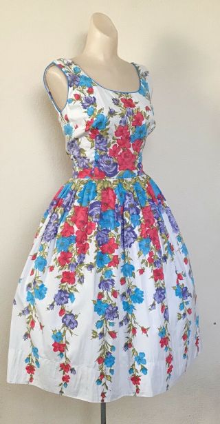 Vtg 50s Red Blue Rose Vine Border Print Full Skirt Pin Up Vlv Summer Dress