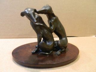 2 Bronze Whippet / Greyhound Dogs 1 Sculpture On Wood Base Vintage