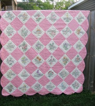Vtg 48 State Flower Quilt Hand Embroidered & Quilted Large Scalloped 69 " X 100 "