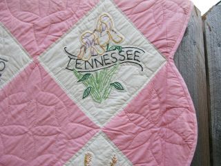 VTG 48 State Flower Quilt Hand Embroidered & Quilted Large Scalloped 69 