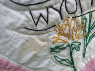 VTG 48 State Flower Quilt Hand Embroidered & Quilted Large Scalloped 69 